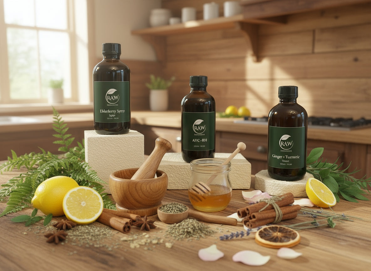 Three bottles of RAW Naturals products on a neutral background